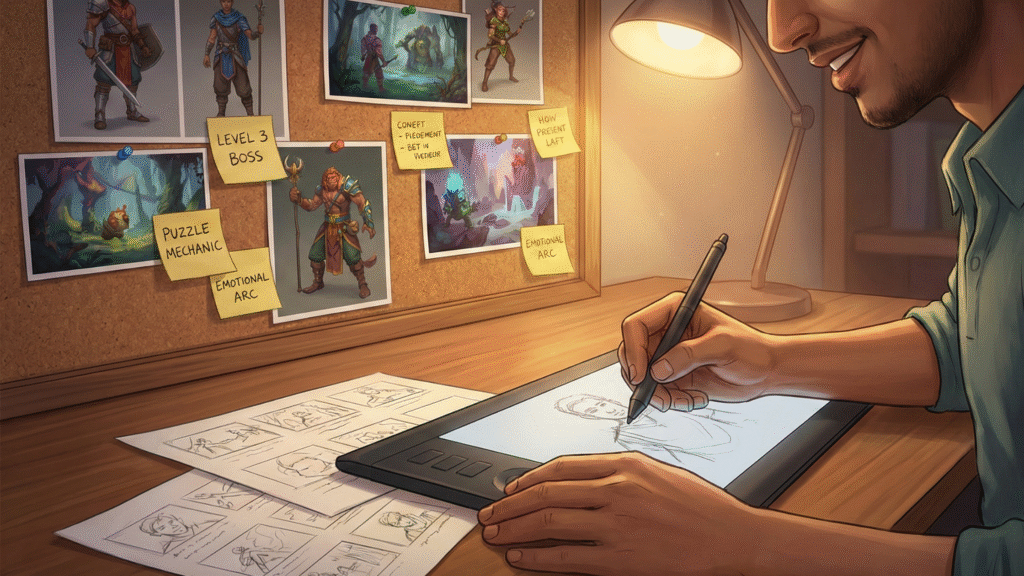 Close-up illustration of a young Indian game designer sketching characters on a digital tablet in a creative studio setting with concept art in the background.