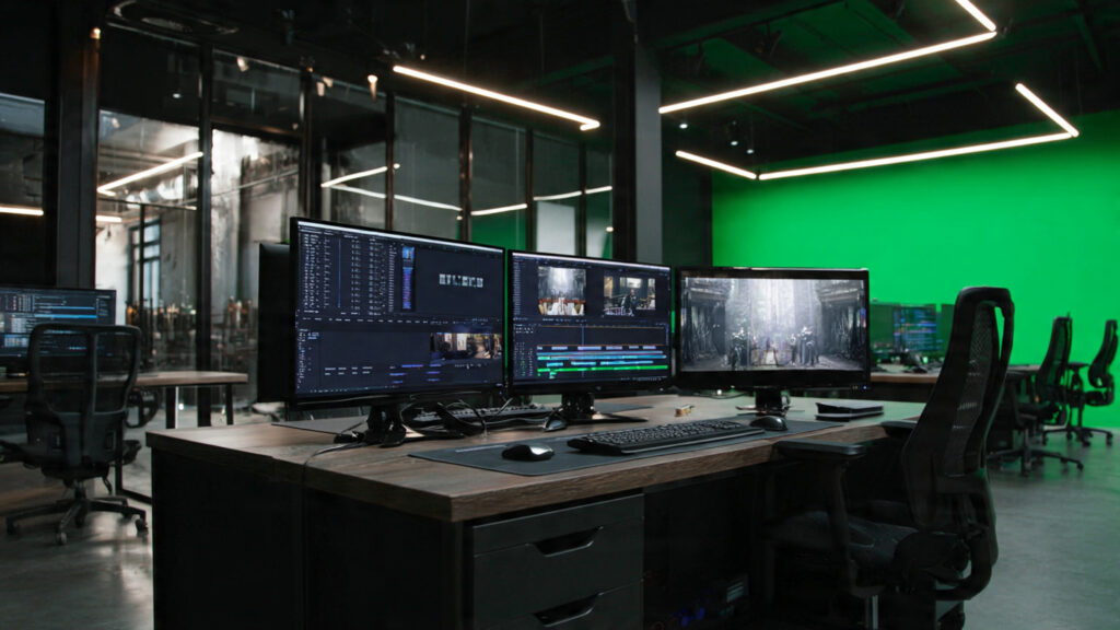 VFX artist workspace with multiple monitors displaying Adobe After Effects and Nuke software, showing a professional film production environment. Indian students working on high-end workstations in a green screen studio at Arena Animation training facility with cinematic lighting.