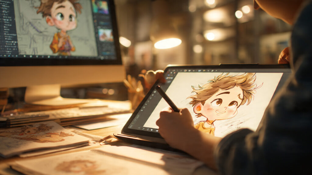 Close-up of an animator sketching a cartoon character on a digital tablet with character turnarounds and expression sheets in a warm, professional studio.