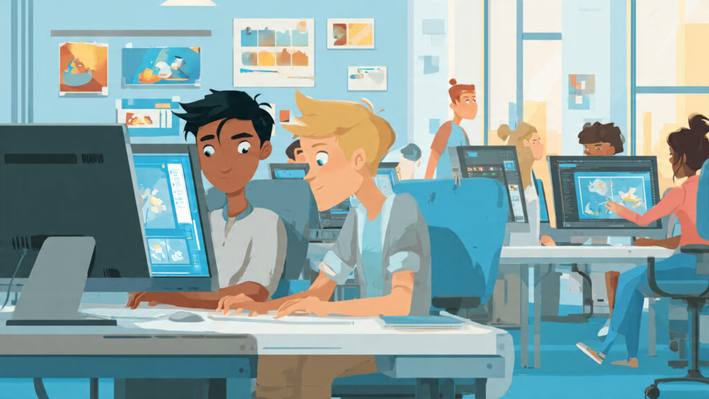 Infographic showing a 2D animation learning path with an Indian student in a modern computer lab, including icons for character design, storyboarding, Adobe Animate, walk cycles, and special effects, in Arena Animation brand colors