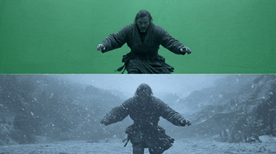 Split-screen composition showcasing before and after VFX work. Left side shows raw green screen footage of an actor, and right side displays the final composited scene with digital background and visual effects. Educational infographic style with Arena Animation